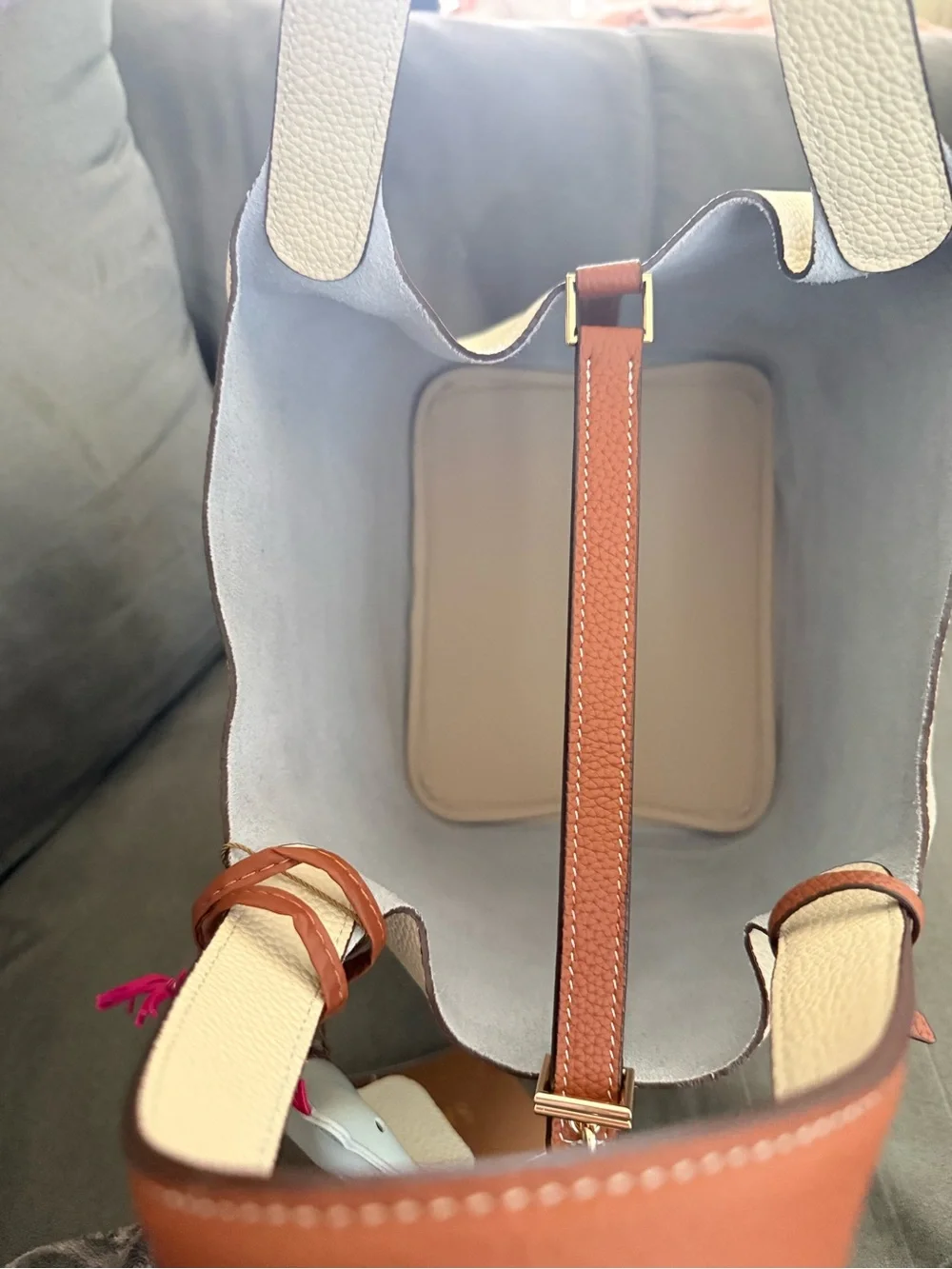 Cream and Brown Women's Pebbled Leather Tote with Horse Charm